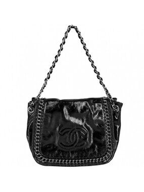 Chanel Shoulder Bag CC Logo Chain Bag Enamel Patent Leather Black Silver